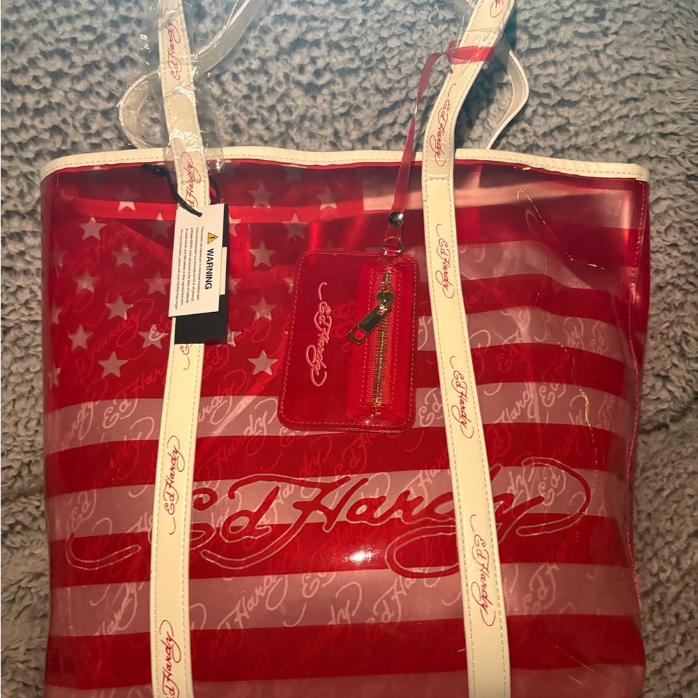 Ed Hardy Red & Cream Star Stripe Clear Tote